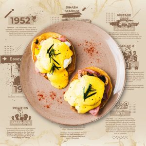 EGGS BENNY
Poached Eggs, 2 Fluffly Flap Jacks,
Mushrooms and Hickory Ham Slices Topped
with a Creamy Hollandaise Sauce