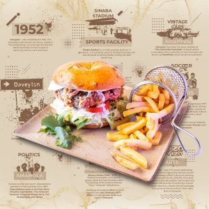 BRIMA BURGER
Beef Patty, Lettuce, Pickled Cucumber,
Tomato, Battered Onion Rings and Our
In-House Burger Sauce